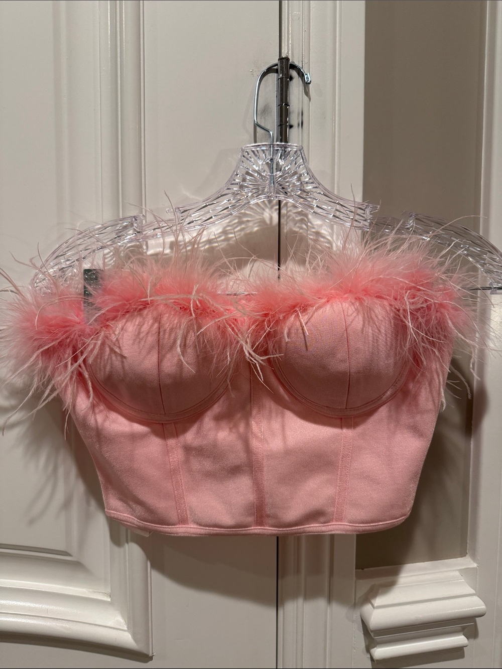 superdown Pink Feather-Trim Strapless Bustier Crop Top
